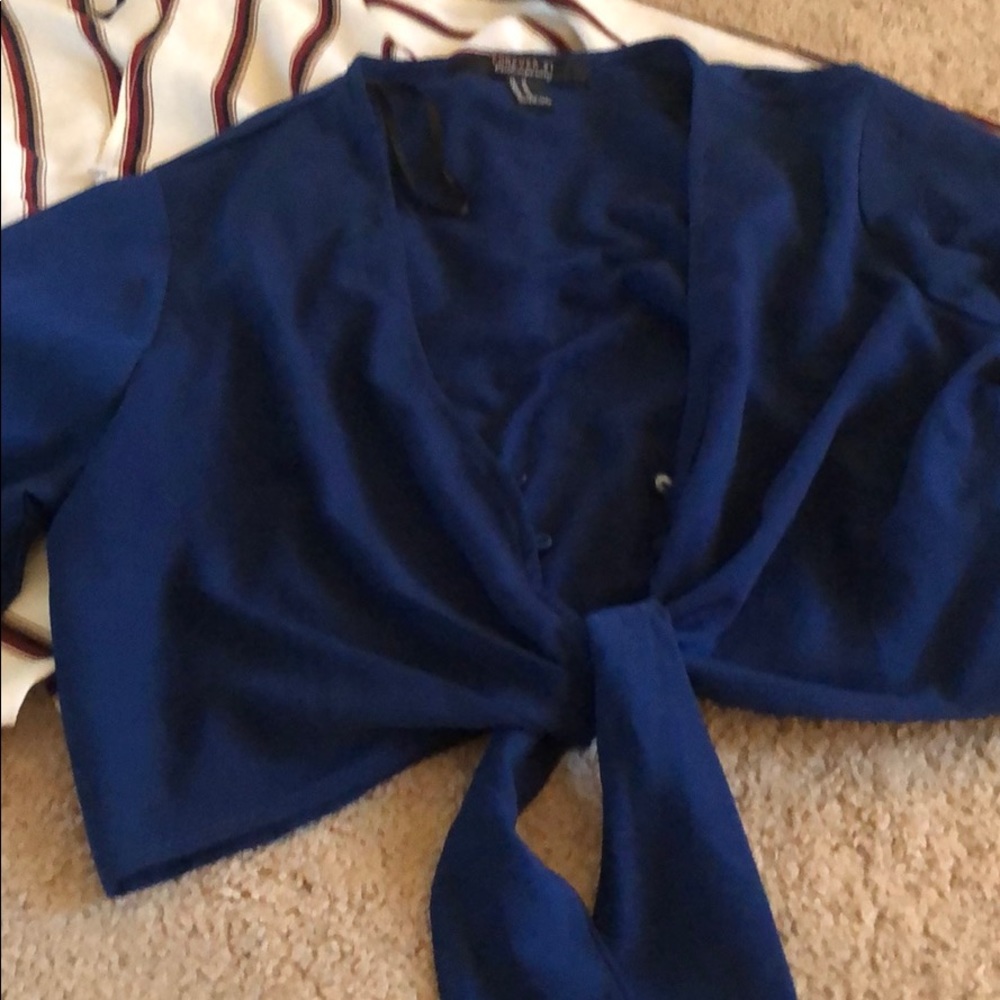 Blue and striped button up tie front crop top